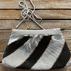 ELKA Gold Black White Mesh Diagonal Stripe Purse Bag Metal Chain Vintage 70s 80s